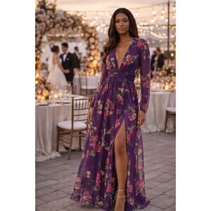 New with Tags Mac Duggal Floral Chiffon Maxi Dress Long Sleeve Purple 6 Wedding
